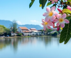 Plumeria Flowers Blooming Near Lake with Building and Mountain Backdrop