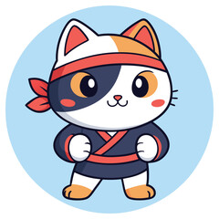 Cartoon Calico Cat with Red Headband and Dark Blue Kimono, Isolated on Blue Circle