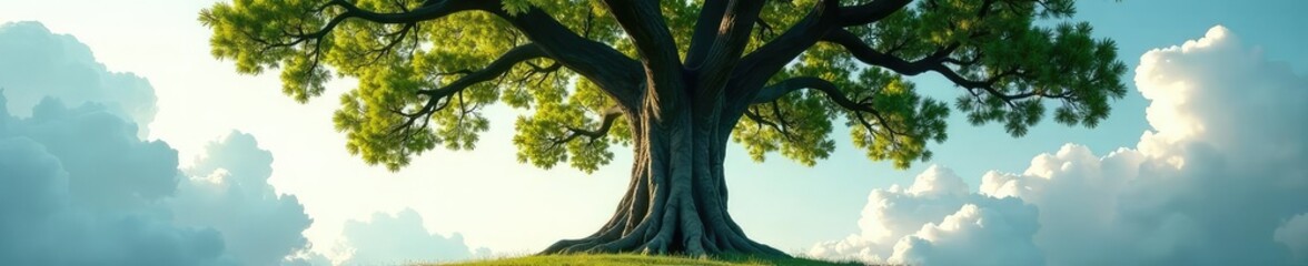 A large tree towers above the ground with its branches reaching towards the sky, majestic, stem, tree
