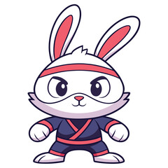 Cartoon White Rabbit with a Red Headband Dressed in Navy Ninja Outfit Isolated