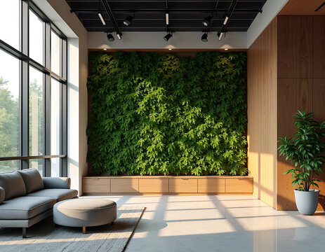 Modern interior background green plants wall large windows sunlight cozy furniture calm lounge area webinar streaming videoconference stylish ecofriendly minimalist office decor  