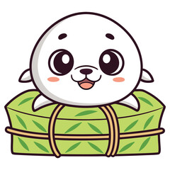 Cute Seal Cartoon Character Sitting Atop Zongzi, Smiling with Cheerful Expression