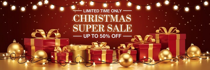 Festive Christmas Super Sale background with red and gold holiday theme featuring glowing fairy lights, elegant gift boxes golden ribbons, and bold 50 percent off discount sign for holiday promotions