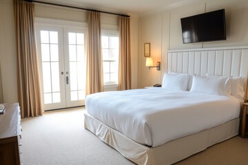 Luxurious hotel bedroom with king-size bed, French doors, and wall-mounted TV.
