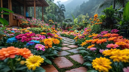 Obraz premium This vibrant flower garden in full bloom showcases the beauty of nature with colorful blossoms and lush greenery, creating a serene and enchanting atmosphere