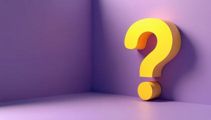 3D render illustration of a big yellow question mark on purple background. Symbol of asking, uncertainty, confusion. FAQ, support or help concept. Doubt, query. Problem solving, decision making.