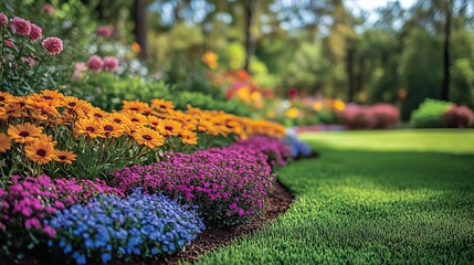 This vibrant flower garden in full bloom showcases the beauty of nature with colorful blossoms and lush greenery, creating a serene and enchanting atmosphere