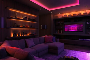 Interior of modern living room with sofa and bookshelf