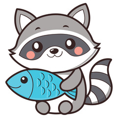 Cartoon Raccoon with Fish Illustration, Animal Character, Gray & White Fur, Happy