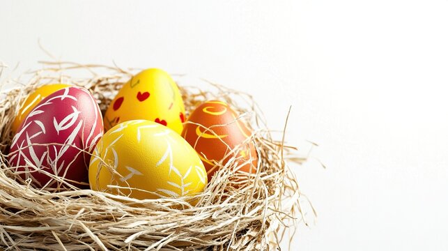  Colorful Easter eggs in straw nest isolated on lower left corner, white background with copy space, banner design, yellow and red easter egg in natural nest, Happy easer day concept 