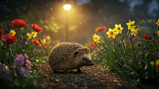 A hedgehog walks through a vibrant flower garden at twilight.
