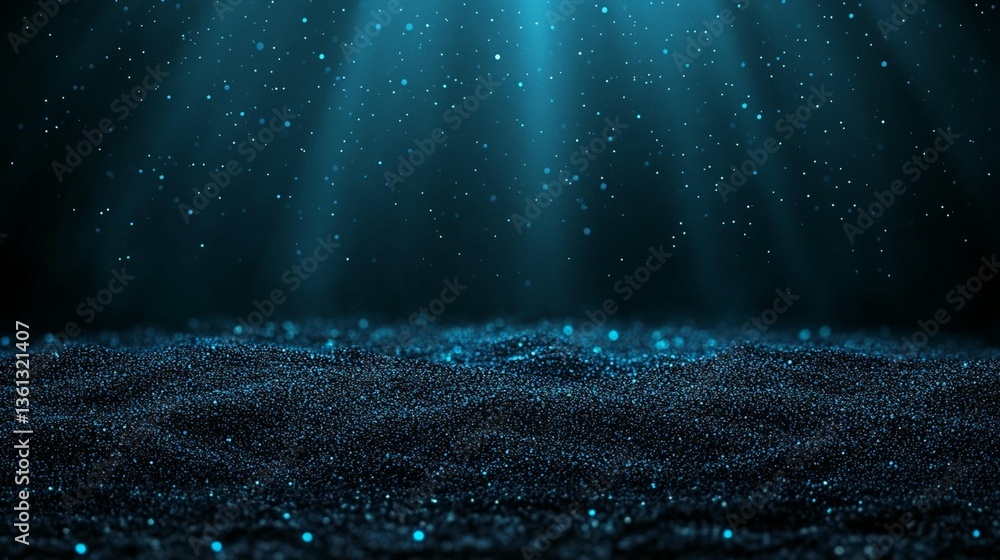 Poster dark blue textured background with light rays and particles.