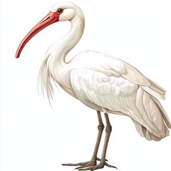 Obraz premium Elegant White Bird with Long Neck and Red Beak Standing on One Leg in a Natural Setting