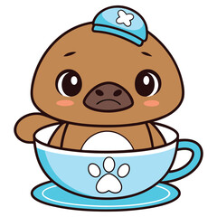 Cute Brown Platypus Cartoon with Blue Hat Sitting Inside a Blue Tea Cup