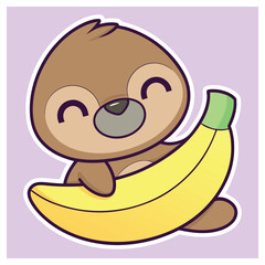 Cute Cartoon Sloth Hugging Banana with Smiling Face on Lavender Background