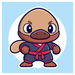 Cute Platypus Cartoon Character, Standing, Wearing a Ninja Outfit, Isolated on Blue Backdrop