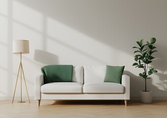 Modern Minimalist Living Room with Green Accents and Natural Light