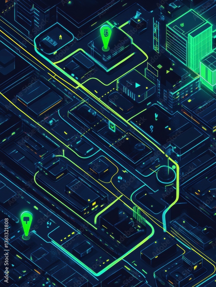 Poster Interactive grocery delivery map showcasing routes in neon blue and green aesthetics for efficient urban navigation at night Generative AI