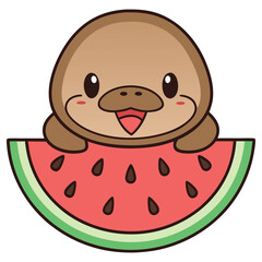 Delightful Beaver Cartoon Character Hugging a Large Slice of Juicy Watermelon Icon