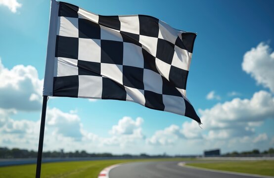 Checkered flag waves sky background. Symbolizes race finish, winning, competition. Black white colors. Motorsport racing track, speed, success achievement. - Powered by Adobe