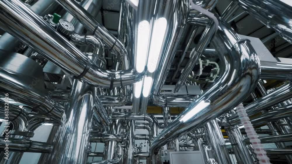 Poster dynamic video shot from a low angle capturing a maze of reflective metal pipes, emphasizing industri