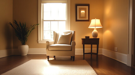 A chair is sitting in front of a window with a lamp on a table
