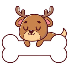 Cute Brown Cartoon Deer With Antlers Above a Big White Bone, Flat Design Style