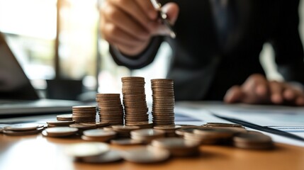 Financial analysis in business office stacked coins display corporate environment close-up view wealth management concept