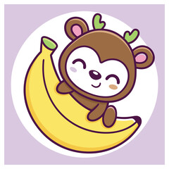 Playful Cartoon Monkey Character Riding a Big Yellow Banana with Happy Smiling Face