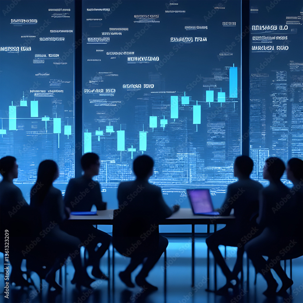 Aufkleber a team of analysts intensely focused on a dynamic data visualization of market trends, illuminated b