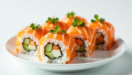 Fresh sushi platter, minimalist white backdrop, plate, roll, cuisine
