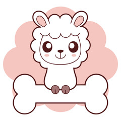 Cute Cartoon Llama Character with Fluffy White Fur and a Large Bone, Pink Background