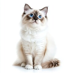 Ragdoll Cat with Blue Eyes Looking Up on White Background