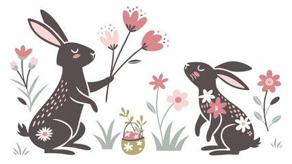 Cartoon bunny silhouettes. Easter cute rabbits with spring flowers, decorated hare easter flat vector illustration set on white background
