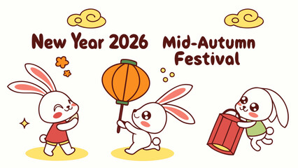 2026 new year. Cute rabbit different pose set. Happy mid autumn festival. Traditional Asian holiday design. Bunny Character collection. Modern art design. Hand drawn. Trendy Flat vector illustration.

