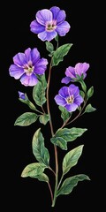 Beautiful Purple Wildflower Illustration on Black Background with Detailed Leaves and Petals