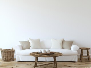 Cozy Living Room with White Sofa and Wooden Coffee Table Design