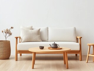 Fototapeta premium Cozy Minimalist Living Room with Wooden Furniture and Decorative Elements