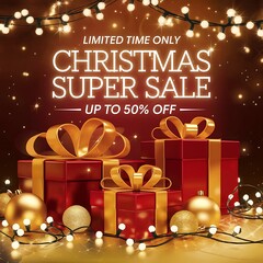 Festive Christmas Super Sale background with red and gold holiday theme featuring glowing fairy lights, elegant gift boxes golden ribbons, and bold 50 percent off discount sign for holiday promotions