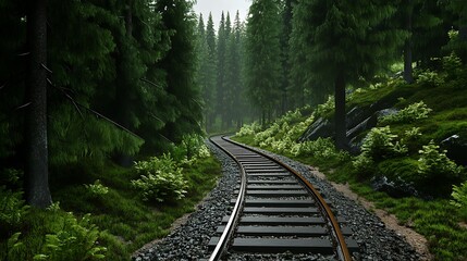 Obraz premium Train Tracks Winding Through a Lush, Misty Forest: 3D Render AI Generated
