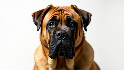 Imposing mastiff head shot, intense gaze, pure white backdrop, giant, closeup, expression