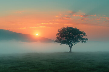 Fototapeta premium Tranquil Solitude: A Solitary Tree Against a Soft Blue Gradient