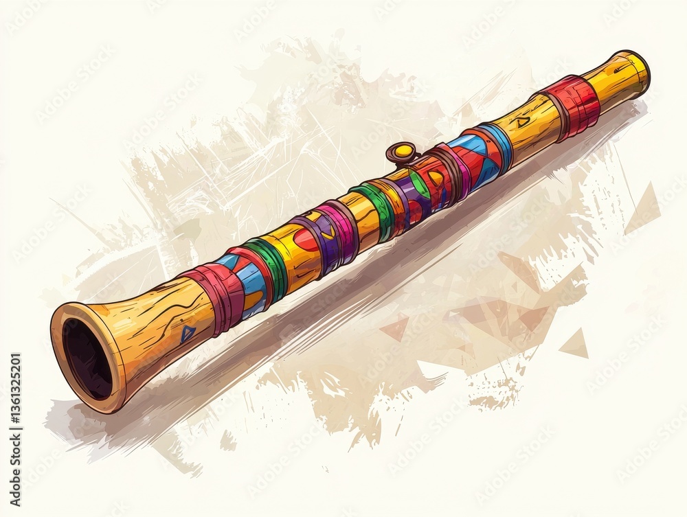 Poster colorful handcrafted wood flute with vibrant patterns and unique design elements for artistic repres