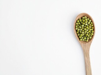Mung Beans on Wooden Spoon Against White Background for Healthy Eating