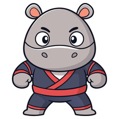 Cartoon Hippopotamus Character in Ninja Costume, Standing Posed, Isolated on White