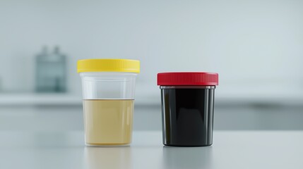 Urine and Stool Sample Containers on a Laboratory Table – Medical Stock Photo