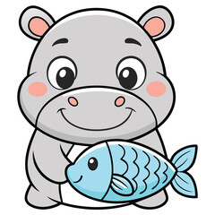 Cartoon Smiling Hippo Holding a Fish, Isolated on White Background, Happy Animal Design