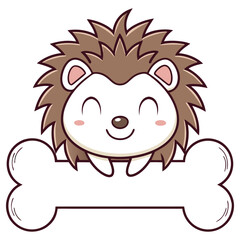 Cute Hedgehog Cartoon Character with Bone Outline | Isolated Design, Animal, Adorable