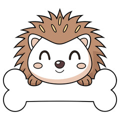 Adorable Cartoon Hedgehog Holding Bone, Cute Animal, Brown Spikes, Smiling Face