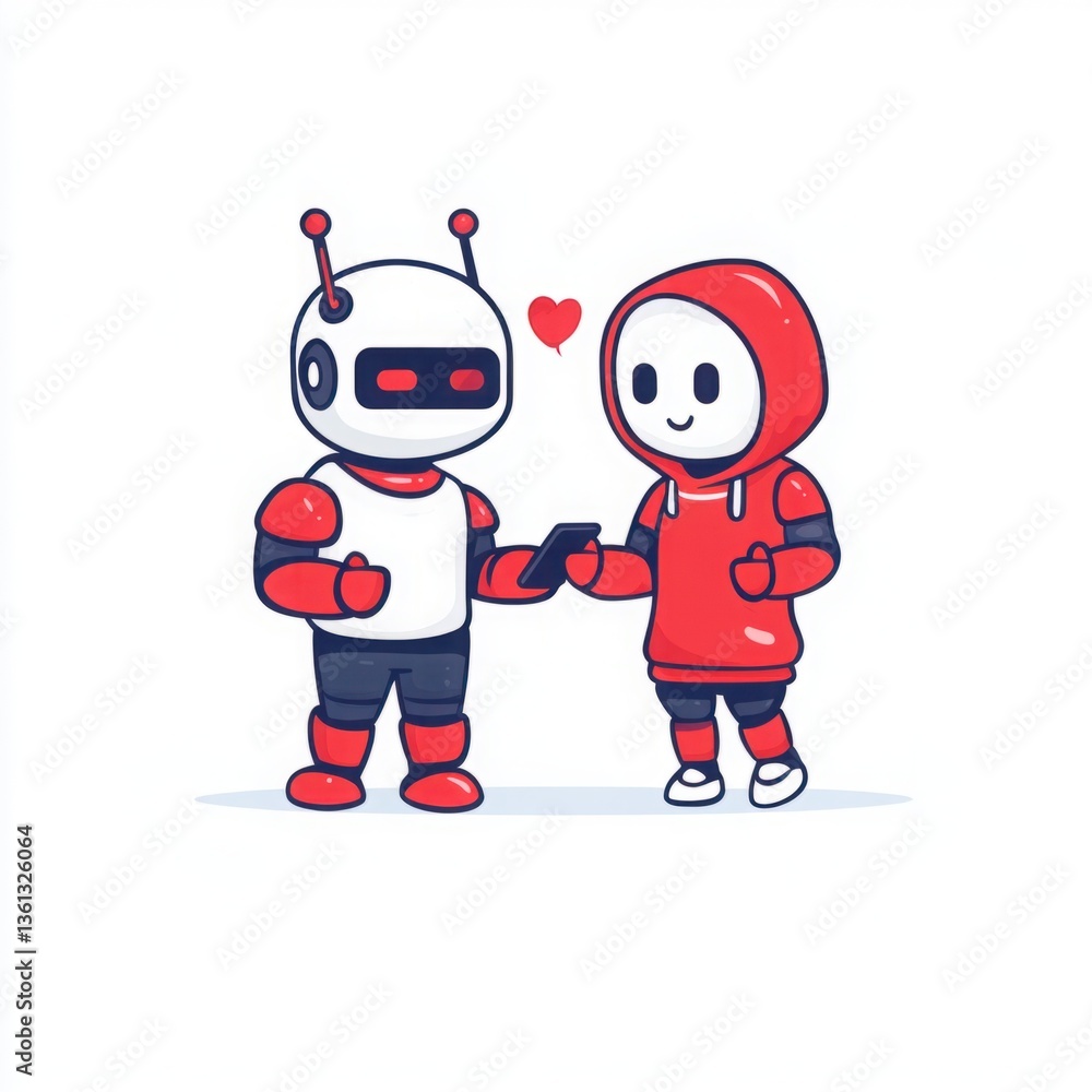 Poster cute robot and human character sharing a moment of connection while holding a smartphone, showcasing